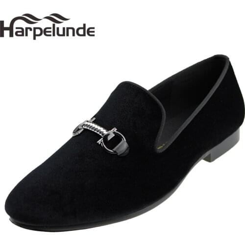 Harpelunde Mens Shoes Woven Buckle Black Velvet Loafer Leather Lining