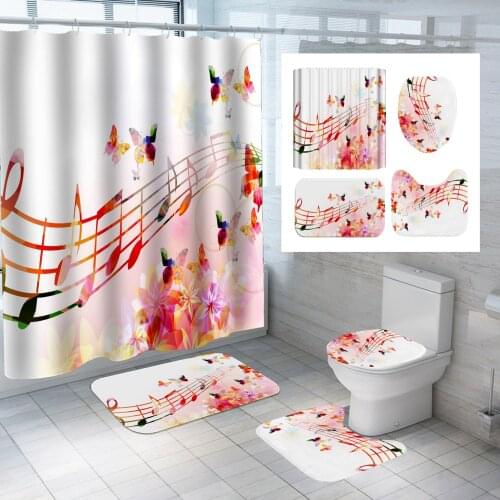 Musical Career Waterproof Shower Curtain Bath Mat Pedestal Rug Lid Toilet Cover Bathroom 4PCS/ Set