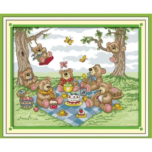 Joy Sunday Teddy Bear Picnic 14CT Needlework DIY Cross Stitch Set Embroidery Kit Pattern Counted Cross-Stitching Wall Home Decro