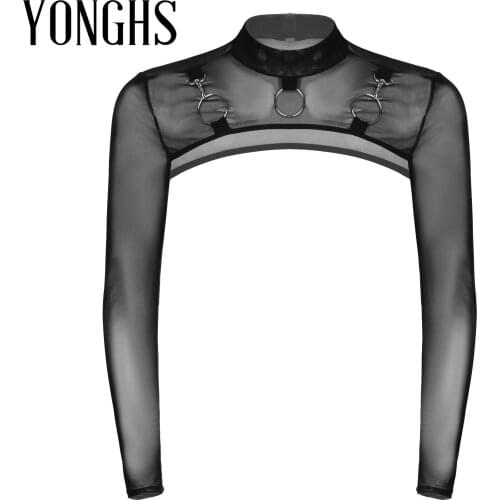 Lingerie See-Through Mesh Tank Top Mens Sexy Half Crop Top Mock Neck O-Ring Decor Nightclub for Party Stage Performance Clubwear