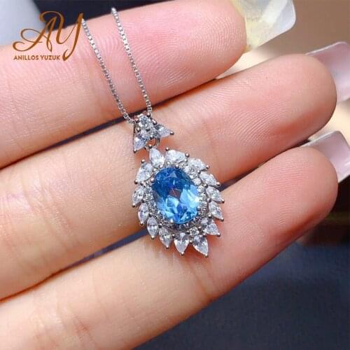 Anillos Yuzuk 925 Silver Jewelry Luxury Blue Oval Topaz Necklace Pendant For Women Silver Chain Necklaces Wedding Jewelry