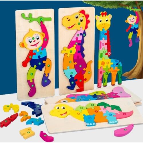New Baby Toys Wooden 3d Puzzle Tangram Shapes Learning Cartoon Animal Intelligence Jigsaw Puzzle Toys for Children Educational
