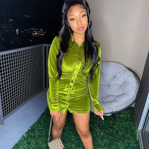 Autumn Long Sleeve Shirt Dress Women Turn-Down Collar Button Up Ruched Mini Dress Streetwear Casual Slim Bodycon Dress Vestidos