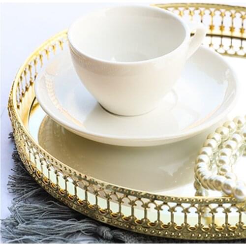 17.5cm Perfume Jewelry Tray Vanity Decorative Tray Mirror Tray with Round Gold Metal for Dresser Bedroom Countertop Organizer