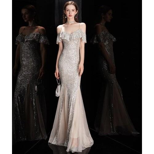 Sexy Champagne Backless Prom Gowns Mermaid Long Prom Dresses Sequined Appliques Evening Party Dresses