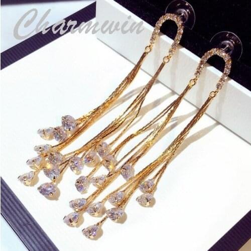 Charmwin New Fashion Metal Tassel Earrings Wonem Dangle Earrings For Women Exaggerated Cubic Zirconia Long Earrings PE1724