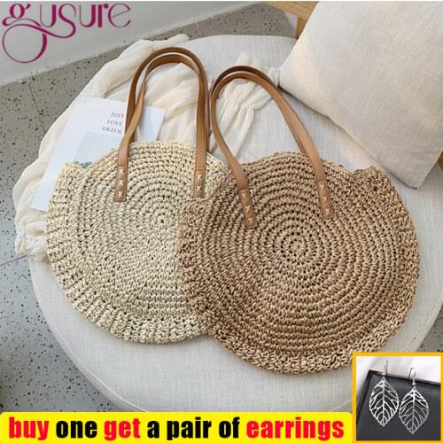 Gusure Rattan Women Shoulder Bags Circle Straw Big Capacity Handmade Summer Totes Lady Large Round Bohemian Beach Treval Handbag