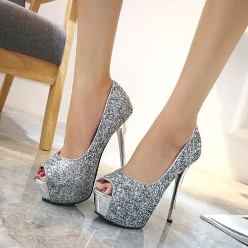 Fashion Sequin Sexy Nightclub Fish Mouth Super High Heel Waterproof Platform Shallow Mouth Womens Pumps Ladies Dress Party Shoe