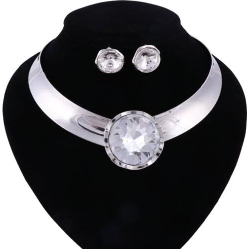Vintage Silver Color Crystal Chunky Statement Necklace Maxi Collier Luxury Maxi Choker Necklace Earring Jewelry Set