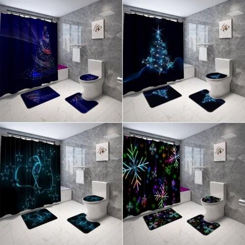 Christmas Tree Shower Curtains Waterproof Black Bathroom Curtain Set Toilet Cover Non-Slip Mat Pedestal Rugs Festival Decoration