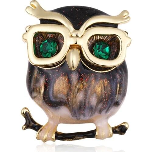 Cartoon Green Crystal Eyes Owl Brooch Pins Enamel Bird Animal Brooches for Women Jewelry Suit Shirt Accessories Kids Girls Gifts