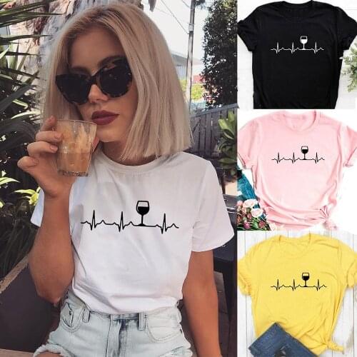 Wine Heartbeat Print T Shirt Women Short Sleeve Round Neck 2020 Summer Female Funny Tee Tops Camisas Mujer Graphic Tees Women