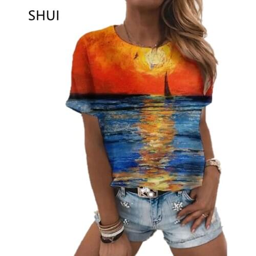 Summer Top Ladies 3D Printing Ocean Landscape T-shirt Street Casual Short Round Neck Plus Size Top XXS-6XL senior female elegant