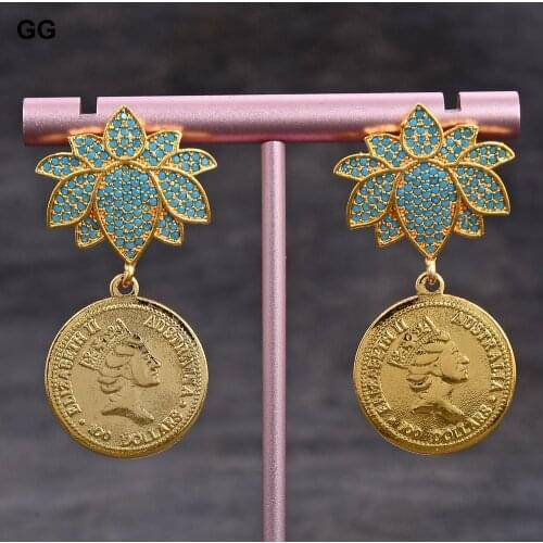 GuaiGuai Jewelry Blue Flower Trimmed With Cz Pave Insect Gold Color Plated Queen Freedom Coin Dangle Stud Earrings For Women