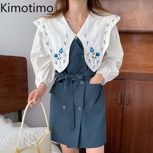 Kimotimo Women Two Piece Sets Korean Autumn Temperament Embroidery Puff Sleeve Shirt + Double Breasted Mini Belt Suit Vest Dress