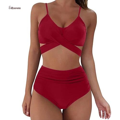 Women Sexy Soild Print Bikini Set Push Up Bathing Swimwear High Waist Swimsuit Women Vintage Swimsuit Two Piece Retro Halter