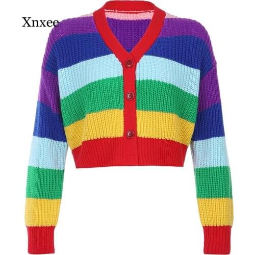 Rainbow Stripe Knit 90S Cardigans Women Style Cute Kawaii Aesthetic Knitwear Contrast Stitch Y2K Crop Sweaters Clothing Tops