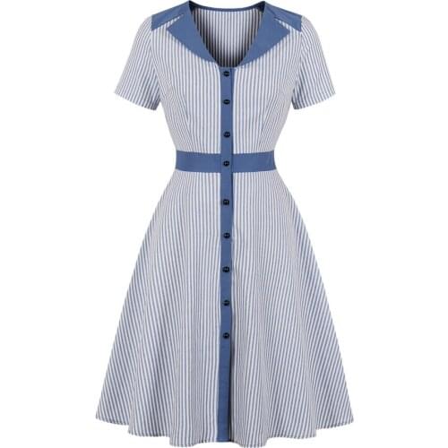 Women Summer Dress Short Sleeve Vintage Dress Striped Print Elegant A-Line Midi Dresses Female Plus Size QY0925