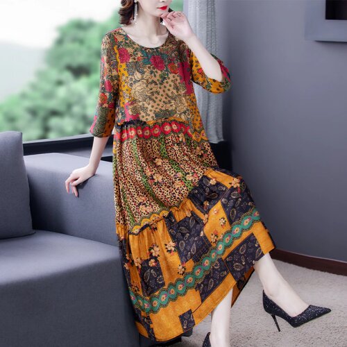 2021 Vintage Loose Print Mulbery Silk Beach Midi Dress Summer 4XL Plus Size Casual Sundress Women Elegant Bodycon Party Vestidos