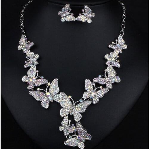 Zlxgirl metal colorful rhinestone crystal butterfly necklace with earring jewelry sets fine womens bridal accessory sets