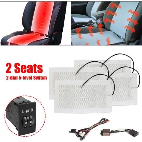 4pcs/Set 12V 2 Seats Pads Universal Carbon Fiber Heated Seat Heating Heater Pads 2 Dial 5 Level Switch Winter Warmer Seat Covers