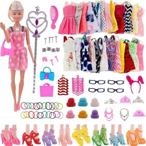 40/79/94PCS Barbie accessories = clothes, shoe hangers, glasses, jewelry, handbags, magic wands, tableware, hairdressing tools