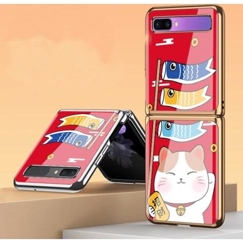 Z Flip Funda Case for Samsung Galaxy Z Flip F7000 Lovely Cartoon Lucky Cat Tempered Glass Shell Coque Phone Case Cover Z Flip 5G
