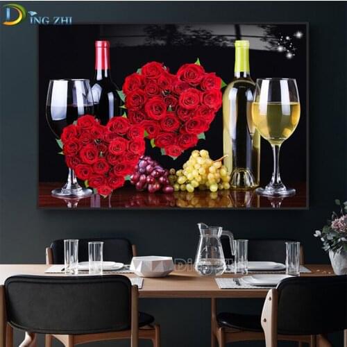 DIY 5D Diamond Painting Full Square Round Champagne Red Wine Heart-Shaped Roses Diamond Embroidery Romantic Atmosphere Picture