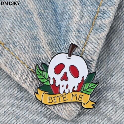 DMLSKY Poison Apple BITE ME Metal Enamel Pins and Brooches for Women Men Lapel Pin Backpack Hat Badge Kids Gifts M4466
