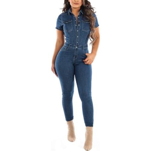Vintage Denim Jumpsuit Clothing Short Sleeve V-Neck Jeans Romper Female One Piece Pants Overalls