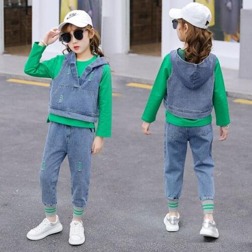 Girls Denim Casual Suit 3-piece Denim Hooded Vest + O-neck Long-sleeved T-shirt + Denim Trousers Spring And Autumn Loose Sports