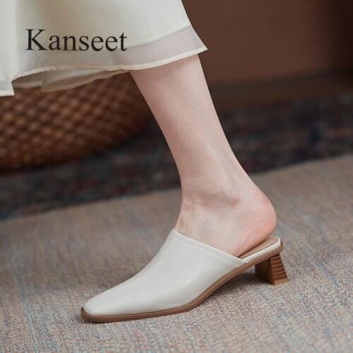 Kanseet 2021 New Women Shoes Summer Popular Genuine Leather Mules Handmade Round Toe Fashion Design Black White Mid Heel Slipper