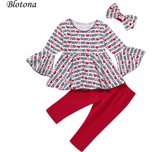 Blotona Little Girls Valentines Day 3Pcs Set, Letter and Heart Print Lace Pagoda Sleeve Top+Solid Color Long Trousers+Hairband