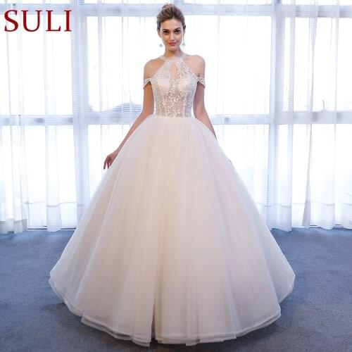 SL-350 Princess Halter Beads Open Back Illusion Bodice Lace Wedding Dresses 2018