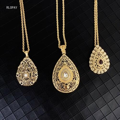 Morocco Trendy Water Drop Rhinestone Pendant with Slid Chain Mexican Jewelry Crystal Pendant Necklace Long Chain