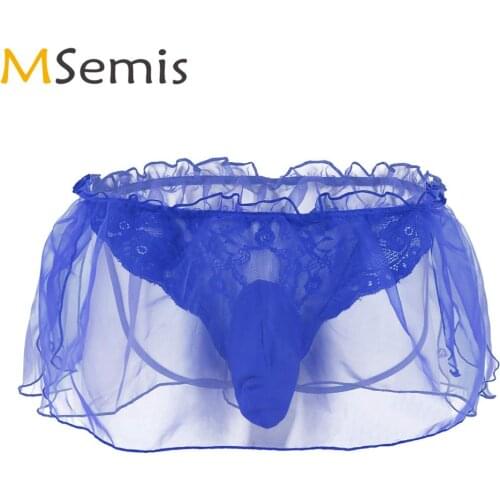 Men Gay Crossdresser Lingerie Erotic Transparent Organza Layer Lace Sissy Pouch Panties Sexy Open Butt G-string Bikini Underwear