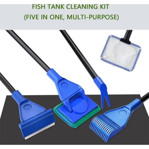 Durable 5 in 1 Aquarium Tank Cleaning Tools Set Fish Net Gravel Rake Algae Scraper Fork Sponge Brush Curve for Glass Window