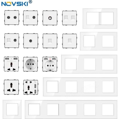 DIY White Glass-Frame and Function Key Free Combination, Wall Light Switch Electrical Socket EU Outlet, USB 2.1A Charge, NOVSKI
