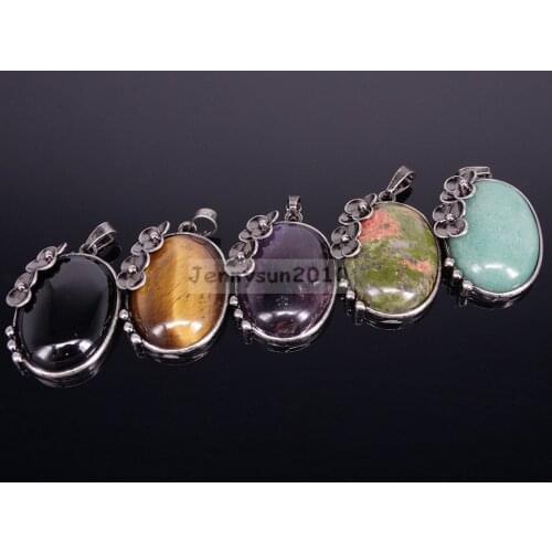 Natural Gems Stone Oval Reiki Chakra Flower Pendant Charms Beads Copper Plated 5Pcs/Pack