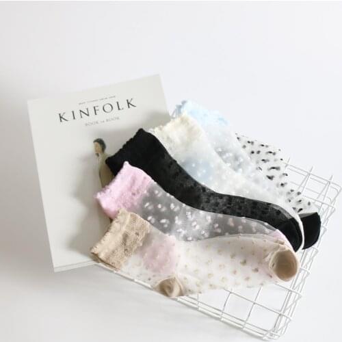DONG AI 6 Pairs Harajuku Ankle Socks Women Fashion Transparent Crystal Dot Short Female Summer Lady Sock Summer Black White Sox