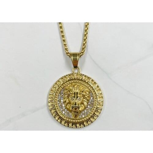 New arrival Hip Hop Round Lion fire Necklace with rhinestone Gold Color Punk Animal Lion Head Pendant Necklace for Men Jewelry