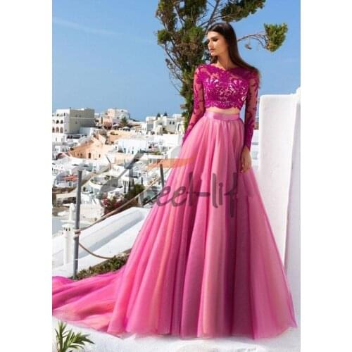 Two Pieces Prom Dresses A-line Long Sleeves Chiffon Appliques Lace Sexy Long Prom Gown Evening Dresses Robe De Soiree
