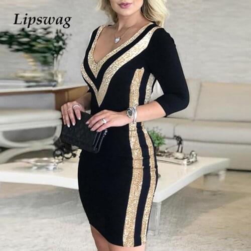 Spring Autumn Elegant Women Sequin Dress Sexy V Neck Slim Party Dresses Ladies Fashion Patchwork Long Sleeve Mini Dress Vestidos
