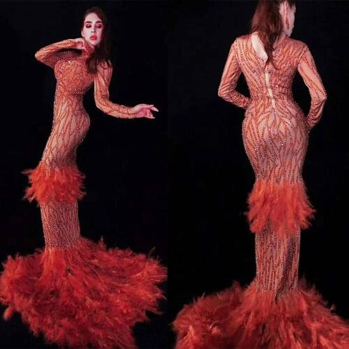 Luxury Sparkly Rhinestones Red Feather Nude Dress Sexy Long Big Tail Mermaid Dress Costume Prom Birthday Celebrate Party Dresses