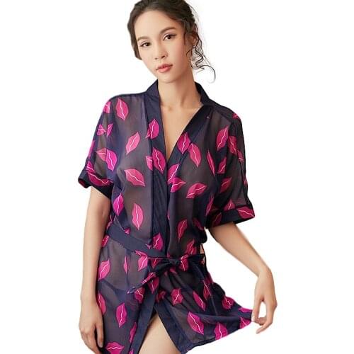 Sexy Printed Sleepwear Robes Lingerie Womens Transparent Pajamas Bathrobes Bathing Suits Cardigan Home Service Suits Satin Robe
