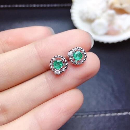 Natural green emerald stud earrings Natural gemstone earrings Elegant Lovely small Hemp round S925 silver girl gift fine jewelry