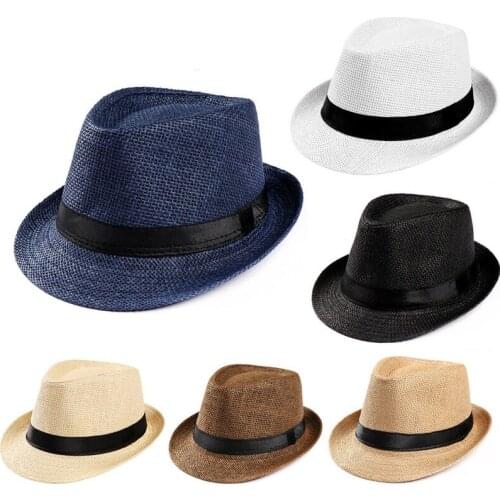 Hot Fashion Summer Casual Unisex Beach Trilby Large Brim Jazz Sun Hat Panama Hat Paper Straw Women Men Cap with Black Ribbon