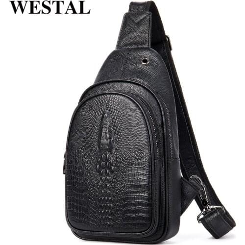 WESTAL Mulit-function Mens Chest Bag Croco Style Shoulder Bag 2021 Black Traveling Messenger Chest Pack for Men Sling Bags 7622