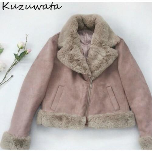 Japan Double Style Pockets Woman Jacket Autumn Winter New Sweet Vintage Coat Warm Faux Chammy Zip Motorcycle Clothes