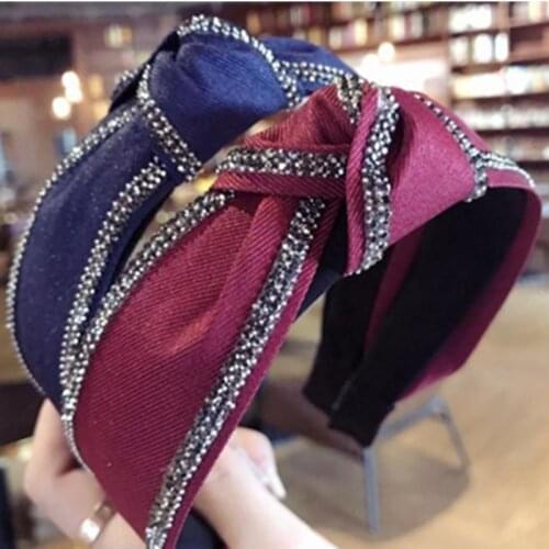 Crystal Headband for Women Headwear Solid Headband Turban Handmade Hairband Knot Adults Headdress Top Bow Knotted Hair Hoop